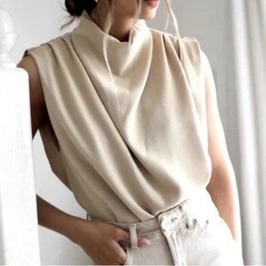 NWT ZARA sleeveless draped high neck top ivory Size M